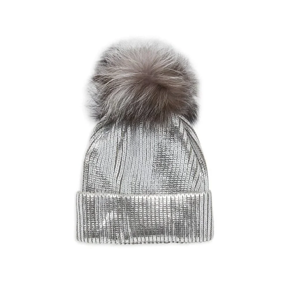 New - ADRIENNE LANDAU Fox Fur Pom-Pom Metallic Beanie Silver Hat